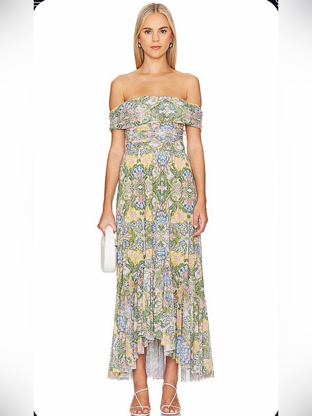 Misa Los Angeles Fiorella Off-Shoulder Floral Maxi Dress in Pastel Green